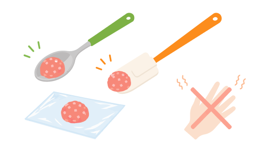 スプーンとゴムベラでひき肉を扱うイラスト（手で直接触るのはNG）