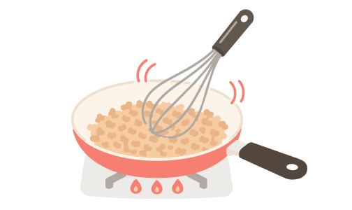 フライパンの中のそぼろを泡立て器で混ぜているイラスト