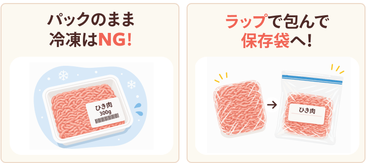パックのまま冷凍はNG！／ラップで包んで保存袋へ！ の比較イラスト