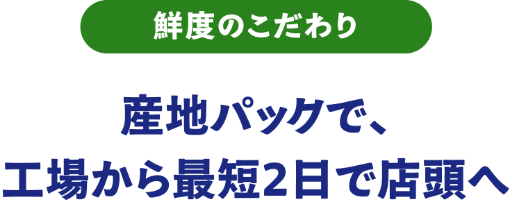 鮮度のこだわり。産地パックで、工場から最短2日で店頭へ。