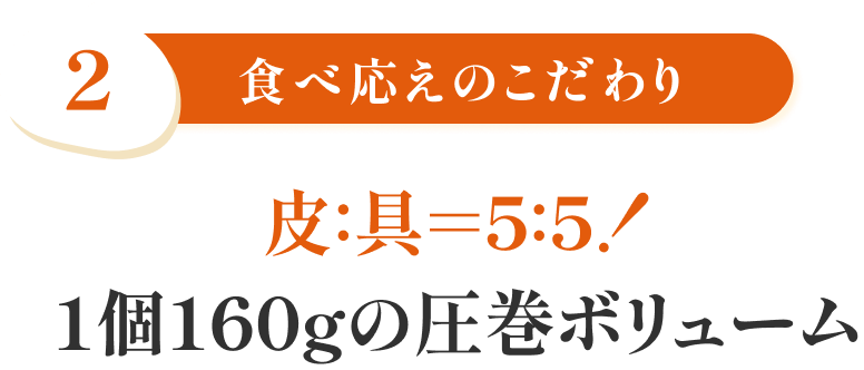 特徴2 食べ応えのこだわり 皮：具＝5：5！1個160gの圧巻ボリューム