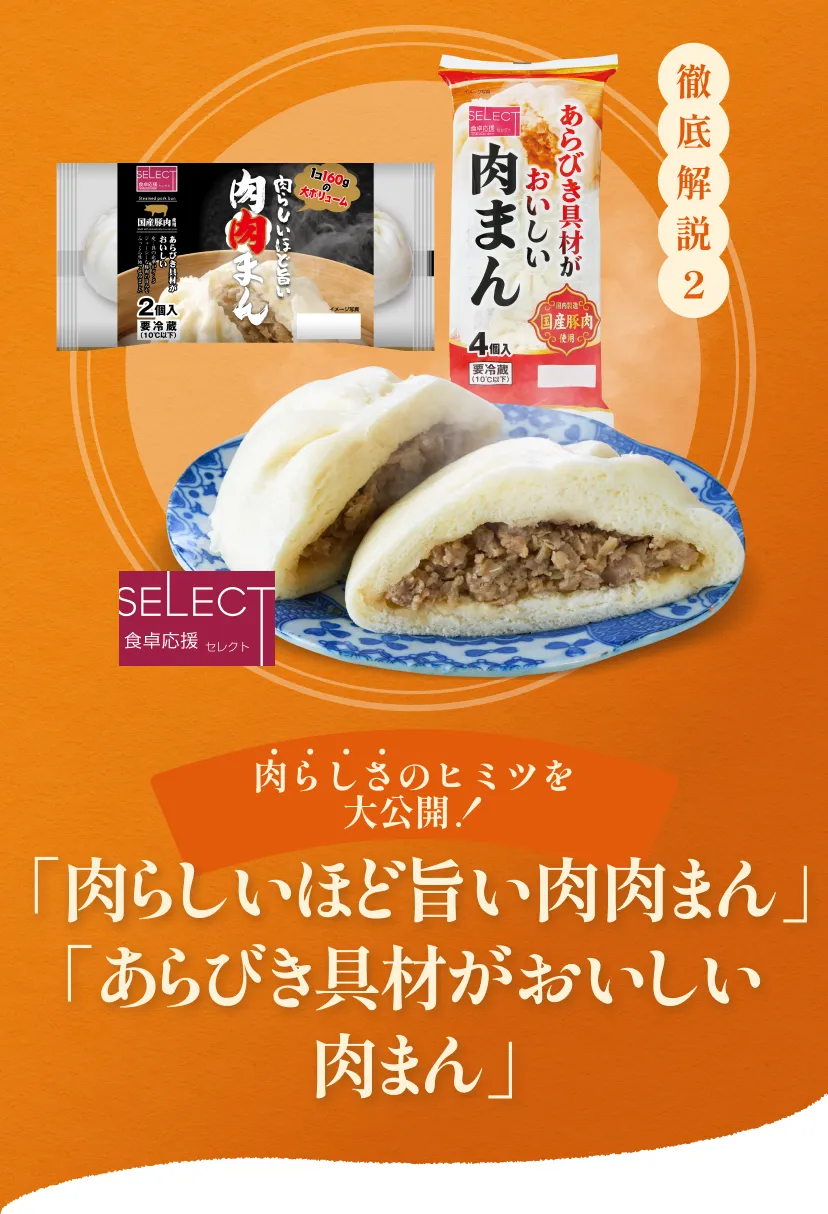 徹底解説2「肉らしいほど旨い肉肉まん」「あらびき具材がおいしい肉まん」