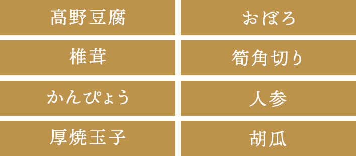 高野豆腐、おぼろ、椎茸、筍角切り かんぴょう 人参、厚焼玉子、胡瓜