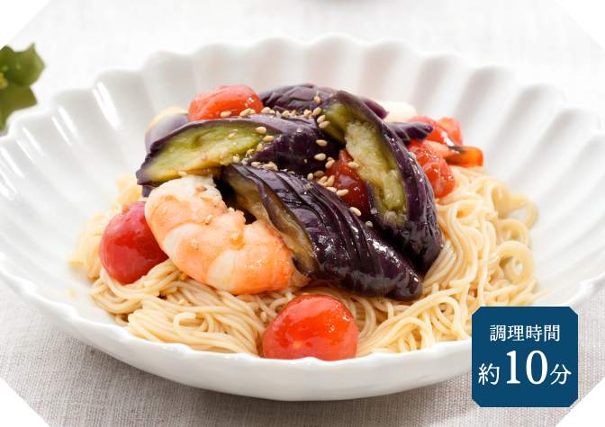 えびと夏野菜のマリネそうめん。調理時間約10分