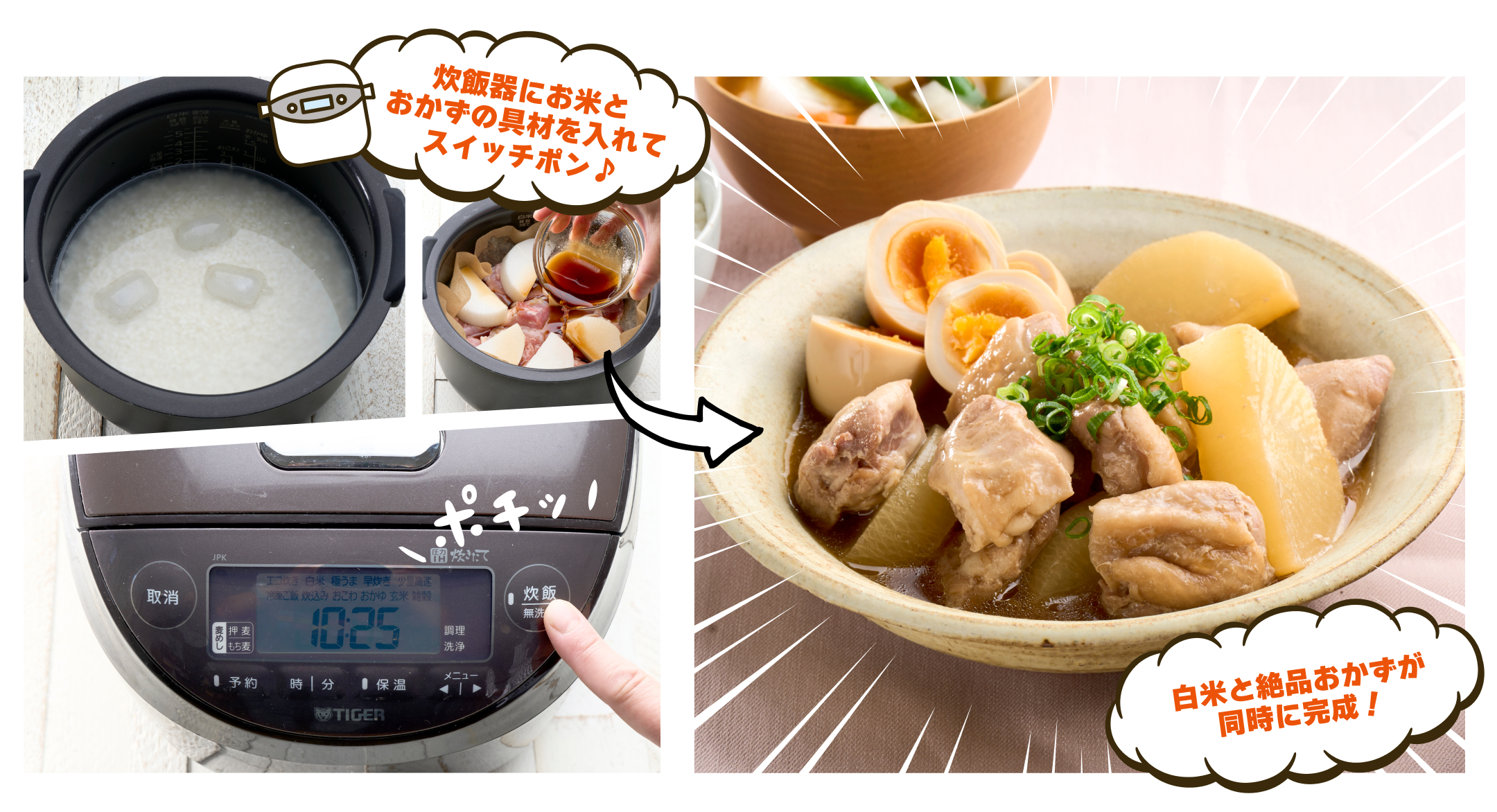 炊飯器にお米とおかずの具材を入れてスイッチポン♪白米と絶品おかずが同時に完成!