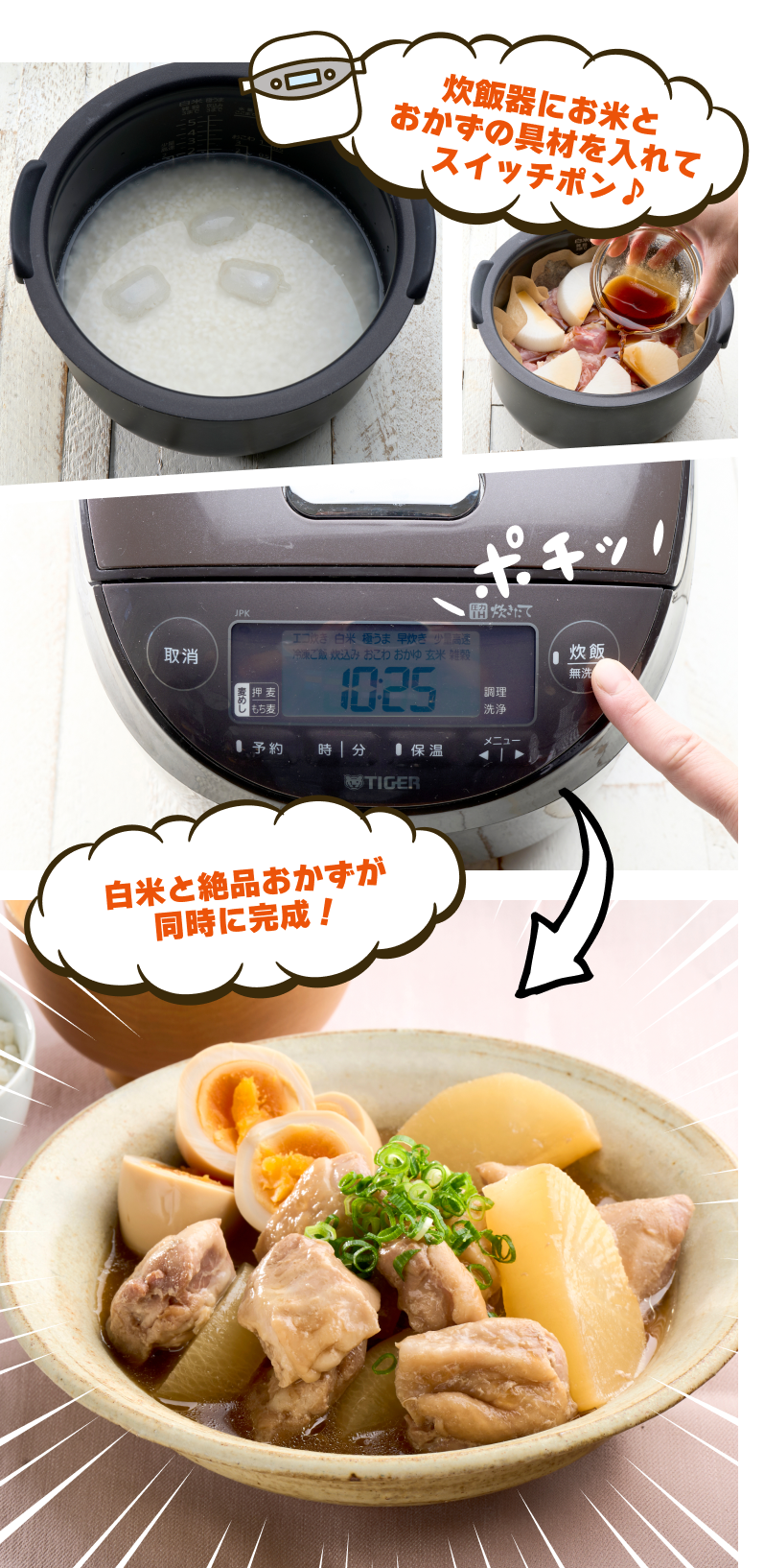 炊飯器にお米とおかずの具材を入れてスイッチポン♪白米と絶品おかずが同時に完成!